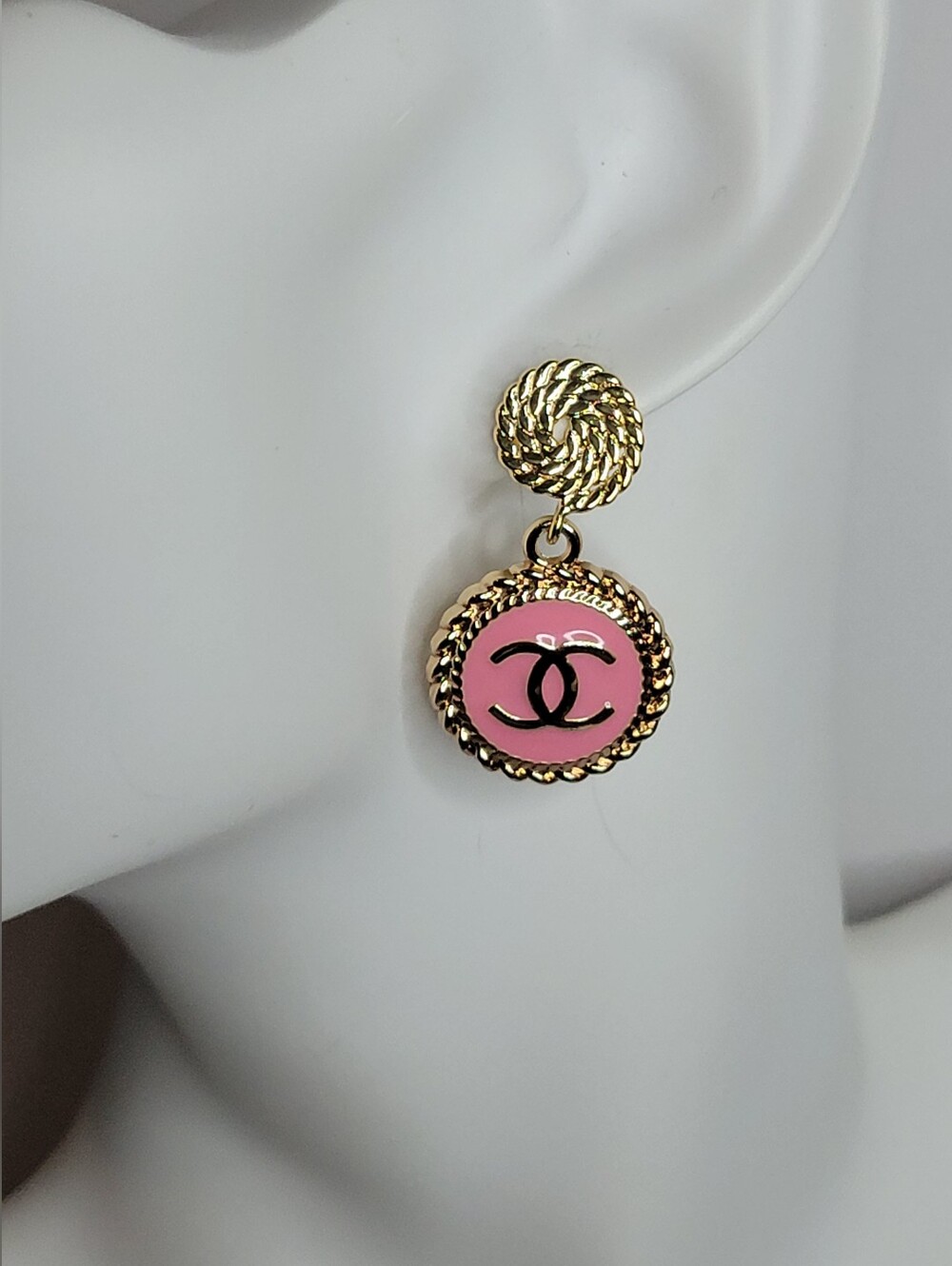 Pink and Gold CC Drop Earrings